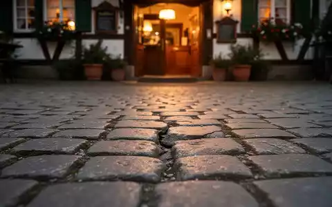 Ein deutlich sichtbarer Riss oder ein erhöhter Stein auf einem abgenutzten Kopfsteinpflasterweg vor einem deutschen Gasthaus. - Foto: über boerse-global.de