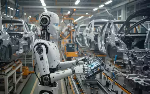 A humanoid robot with a sleek, metallic design works on an assembly line in a brightly lit, modern automotive factory. - Foto: über boerse-global.de