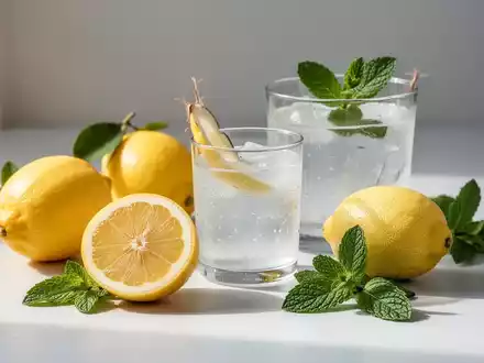 Ein Glas Kokoswasser mit frischen Zitronen und Minzblättern auf einem hellen Hintergrund, professionell fotografiert. - Foto: über boerse-global.de