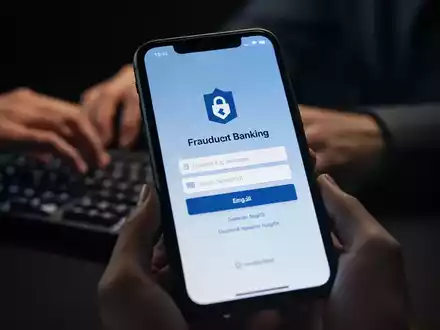 A smartphone screen shows a fake banking login page, with blurred hands typing on a keyboard in the background. - Foto: über boerse-global.de