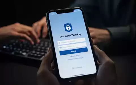 A smartphone screen shows a fake banking login page, with blurred hands typing on a keyboard in the background. - Foto: über boerse-global.de