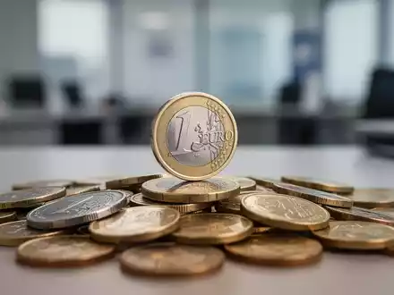Ein Euro-Stück balanciert auf der Kante inmitten verstreuter Münzen, im Hintergrund eine unscharfe Büroumgebung. Symbolisiert finanzielle Unsicherheit bei Minijobs. - Foto: über boerse-global.de