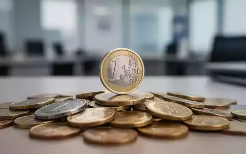Ein Euro-Stück balanciert auf der Kante inmitten verstreuter Münzen, im Hintergrund eine unscharfe Büroumgebung. Symbolisiert finanzielle Unsicherheit bei Minijobs. - Foto: über boerse-global.de