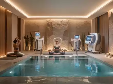 Ein luxuriöser Hotel-Spa mit einem ruhigen Poolbereich, warmem Licht und Elementen, die Gesundheit und Langlebigkeit symbolisieren. - Foto: über boerse-global.de