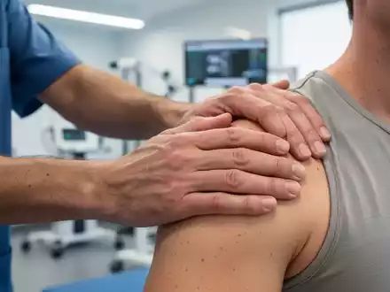 Hände eines Physiotherapeuten unterstützen die Schulter eines Patienten während einer Rehabilitationsübung in einer modernen Klinik. - Foto: über boerse-global.de