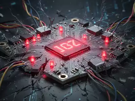 A close-up shot of a broken circuit board with red error lights, symbolizing Microsoft Copilot's technical issues and outages. - Foto: über boerse-global.de