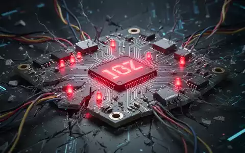 A close-up shot of a broken circuit board with red error lights, symbolizing Microsoft Copilot's technical issues and outages. - Foto: über boerse-global.de