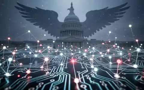 A glowing, complex circuit board with a faint, imposing silhouette of a government building in the background, symbolizing regulatory control over AI. - Foto: über boerse-global.de