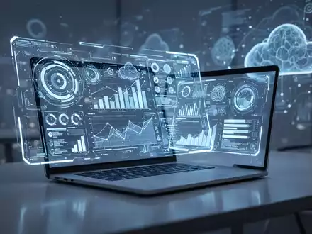Ein futuristischer Arbeitsplatz mit einem leuchtenden holografischen Interface, das komplexe Datenvisualisierungen anzeigt. - Foto: über boerse-global.de