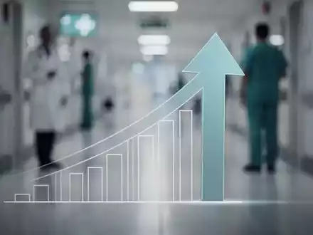 Abstrakte Darstellung eines Finanzdiagramms mit starkem Aufwärtspotenzial und einem Pfeil, der nach oben zeigt, vor einem Gesundheits-Hintergrund. - Foto: über boerse-global.de