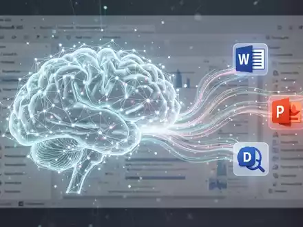A stylized AI brain network integrated with Microsoft 365 icons for Word, PowerPoint, and Designer, representing AI design tool overhaul. - Foto: über boerse-global.de