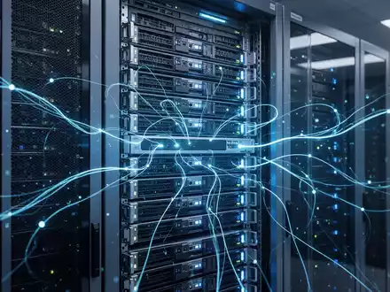 A server rack with blue lights, symbolizing virtualization and cloud computing, with digital lines connecting components. - Foto: über boerse-global.de