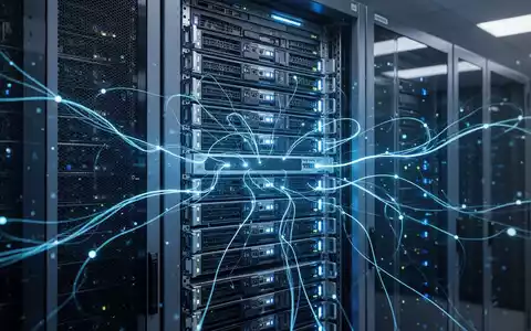 A server rack with blue lights, symbolizing virtualization and cloud computing, with digital lines connecting components. - Foto: über boerse-global.de