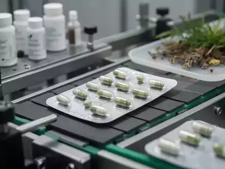 Nahaufnahme einer pharmazeutischen Produktionslinie, die eine Blisterpackung mit Naturheilmitteln hervorhebt. - Foto: über boerse-global.de