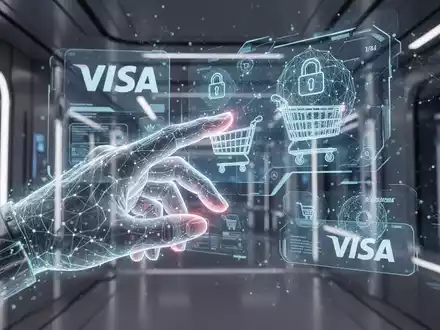 A glowing digital hand interacting with a holographic shopping interface, overlaid with neural network patterns, symbolizing AI commerce and secure payments. - Foto: über boerse-global.de