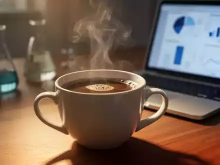 Eine dampfende Tasse Kaffee auf einem Holztisch mit wissenschaftlichen Elementen im unscharfen Hintergrund, die Forschung symbolisieren. - Foto: über boerse-global.de