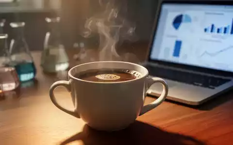 Eine dampfende Tasse Kaffee auf einem Holztisch mit wissenschaftlichen Elementen im unscharfen Hintergrund, die Forschung symbolisieren. - Foto: über boerse-global.de