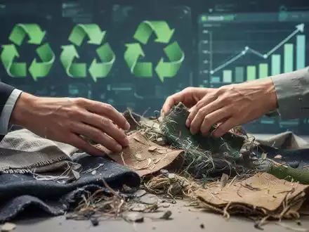 Hände sortieren verschiedene Textilien, einige neu, andere recycelt, mit einer digitalen Anzeige von Wachstumsdiagrammen im Hintergrund. - Foto: über boerse-global.de