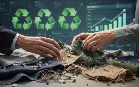 Hände sortieren verschiedene Textilien, einige neu, andere recycelt, mit einer digitalen Anzeige von Wachstumsdiagrammen im Hintergrund. - Foto: über boerse-global.de
