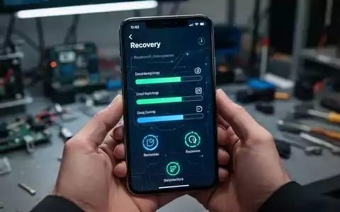 A close-up of a smartphone screen showing a self-repair software interface with progress bars and diagnostic options. - Foto: über boerse-global.de
