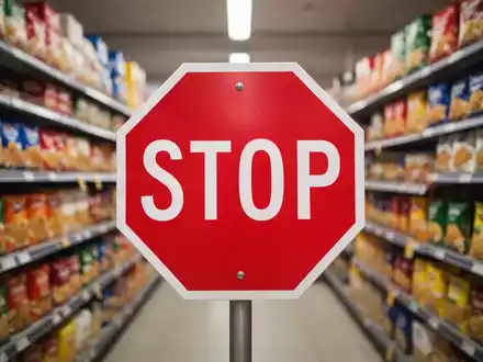 Ein rotes Stoppschild über einem unscharfen Supermarktgang mit Lebensmittelverpackungen, das ein Werbeverbot symbolisiert. - Foto: über boerse-global.de