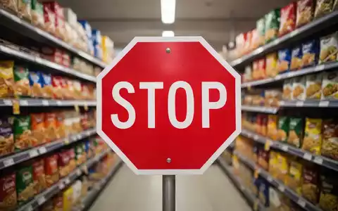 Ein rotes Stoppschild über einem unscharfen Supermarktgang mit Lebensmittelverpackungen, das ein Werbeverbot symbolisiert. - Foto: über boerse-global.de