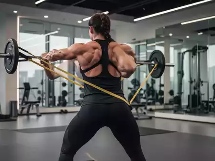 Eine Person führt eine Rückenübung mit Widerstandsbändern in einem modernen Fitnessstudio aus, Fokus auf Muskulatur und Haltung. - Foto: über boerse-global.de