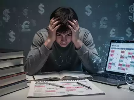 Ein gestresster Student mit dem Kopf in den Händen, umgeben von Büchern, Laptop mit KI-Inhalten und einem Kalender. - Foto: über boerse-global.de