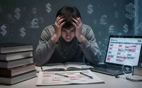 Ein gestresster Student mit dem Kopf in den Händen, umgeben von Büchern, Laptop mit KI-Inhalten und einem Kalender. - Foto: über boerse-global.de