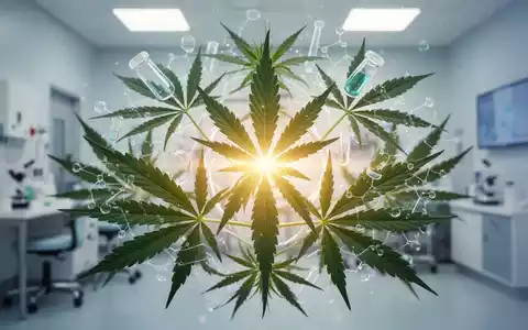Eine stilisierte Darstellung von medizinischem Cannabis, das sich mit pharmazeutischen Elementen vermischt und Innovation und Linderung symbolisiert. - Foto: über boerse-global.de