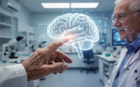 Ältere Hand berührt leuchtendes Gehirn-Hologramm; im Hintergrund verschwommenes modernes Forschungslabor, das Demenzforschung symbolisiert. - Foto: über boerse-global.de