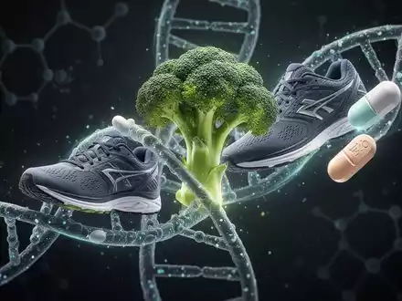 Eine stilisierte DNA-Helix ist mit einem Brokkoli, einem Laufschuh und einer Pille verwoben, die subtil leuchten. - Foto: über boerse-global.de