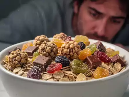 Nahaufnahme einer Schüssel mit stark verarbeitetem, zuckerhaltigem Müsli und Schokostückchen, das ungesund aussieht. - Foto: über boerse-global.de