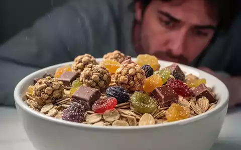 Nahaufnahme einer Schüssel mit stark verarbeitetem, zuckerhaltigem Müsli und Schokostückchen, das ungesund aussieht. - Foto: über boerse-global.de