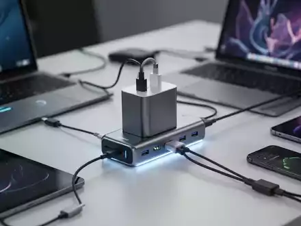 A multi-port USB-C power delivery charger connected to a laptop, tablet, and smartphone on a modern desk. - Foto: über boerse-global.de