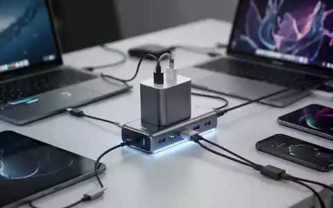 A multi-port USB-C power delivery charger connected to a laptop, tablet, and smartphone on a modern desk. - Foto: über boerse-global.de