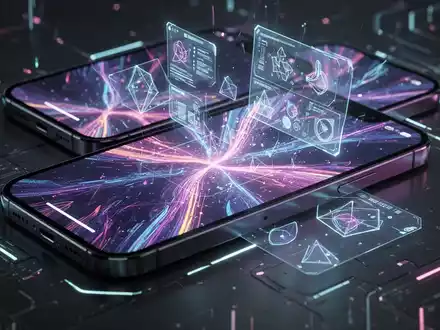A futuristic iPhone displaying a vibrant, abstract AI-generated wallpaper with glowing lines and geometric shapes. - Foto: über boerse-global.de