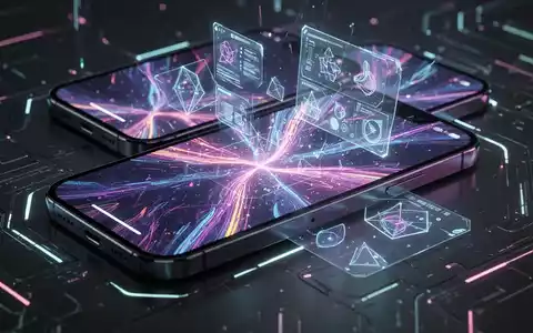 A futuristic iPhone displaying a vibrant, abstract AI-generated wallpaper with glowing lines and geometric shapes. - Foto: über boerse-global.de