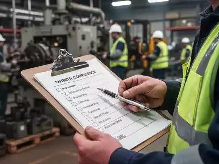 Nahaufnahme einer Checkliste auf einem Klemmbrett, das von einer Person in einer Sicherheitsweste gehalten wird, mit unscharfen Industrieanlagen im Hintergrund. - Foto: über boerse-global.de