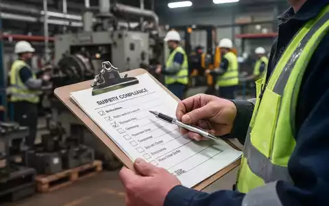 Nahaufnahme einer Checkliste auf einem Klemmbrett, das von einer Person in einer Sicherheitsweste gehalten wird, mit unscharfen Industrieanlagen im Hintergrund. - Foto: über boerse-global.de