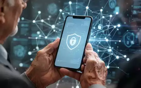 Ältere Hände halten ein Smartphone, im Hintergrund verschwommene digitale Sicherheitselemente, die Cybersicherheit und Betrugsschutz symbolisieren. - Foto: über boerse-global.de