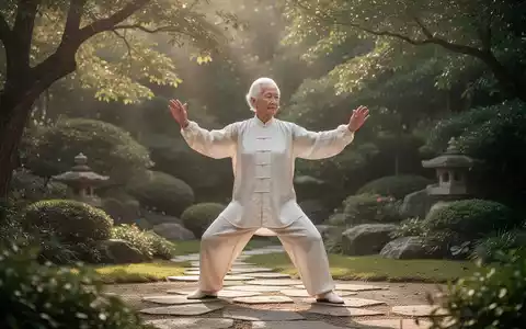 Eine ältere Person übt Tai Chi oder Qi Gong in einem ruhigen Garten bei sanftem Licht, was Wohlbefinden und Harmonie ausstrahlt. - Foto: über boerse-global.de