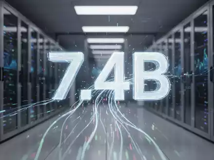 Eine stilisierte digitale Darstellung von Finanzdaten, die in ein großes, leuchtendes '7.4B'-Symbol fließen, im Hintergrund ein Rechenzentrum. - Foto: über boerse-global.de