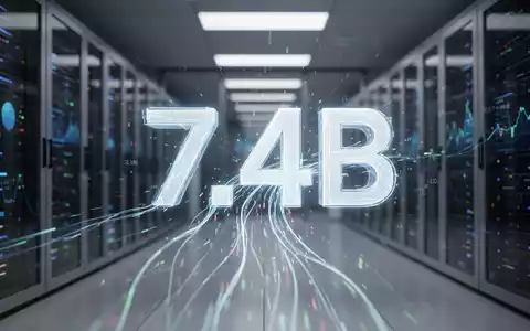 Eine stilisierte digitale Darstellung von Finanzdaten, die in ein großes, leuchtendes '7.4B'-Symbol fließen, im Hintergrund ein Rechenzentrum. - Foto: über boerse-global.de
