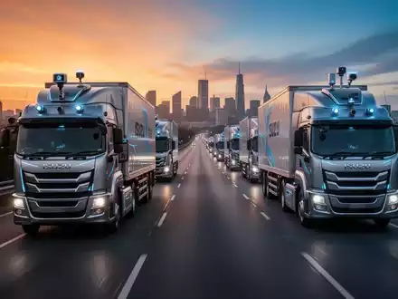 A fleet of modern autonomous semi-trucks driving on a highway at dawn, with sensor technology visible, symbolizing advanced logistics. - Foto: über boerse-global.de
