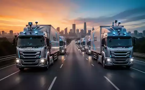 A fleet of modern autonomous semi-trucks driving on a highway at dawn, with sensor technology visible, symbolizing advanced logistics. - Foto: über boerse-global.de