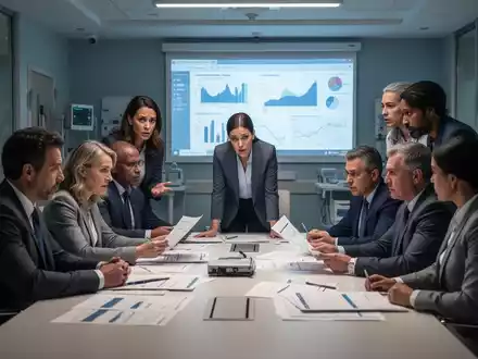 Eine Gruppe von Menschen, die in einem modernen Konferenzraum eines Krankenhauses Finanzdokumente und digitale Diagramme prüfen. - Foto: über boerse-global.de