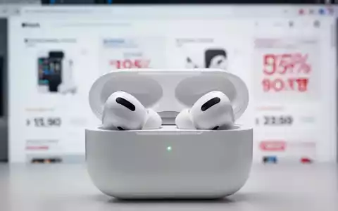 A pair of Apple AirPods Pro 3 earbuds in their white charging case, with a blurred background suggesting retail discounts. - Foto: über boerse-global.de
