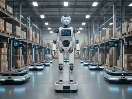 A humanoid robot stands in a high-tech logistics center, surrounded by automated shuttle robots and stacked packages. - Foto: über boerse-global.de