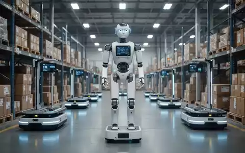 A humanoid robot stands in a high-tech logistics center, surrounded by automated shuttle robots and stacked packages. - Foto: über boerse-global.de